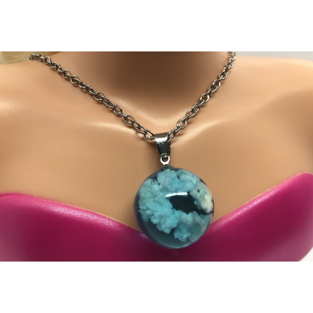 Fashion White Clouds Blue Sky Resin Ball Pendant with 23" Necklace Women Jewelry